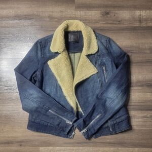Paige Women's Distressed Denim Bomber Jacket With Sherpa Collar Size Medium